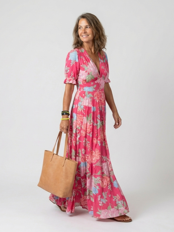 Lorena | Vestido midi floral de manga corta con escote en V