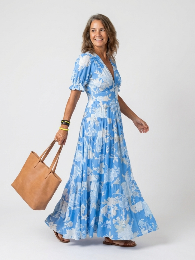 Lorena | Vestido midi floral de manga corta con escote en V