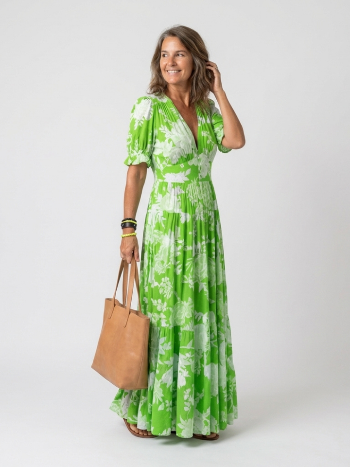 Lorena | Vestido midi floral de manga corta con escote en V