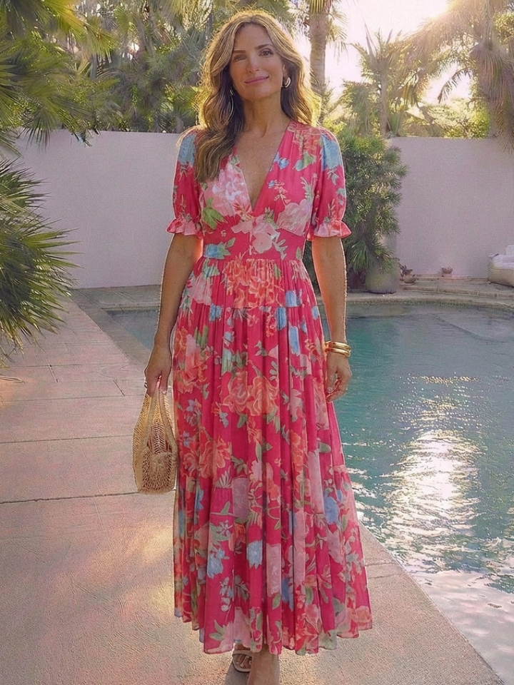 Lorena | Vestido midi floral de manga corta con escote en V