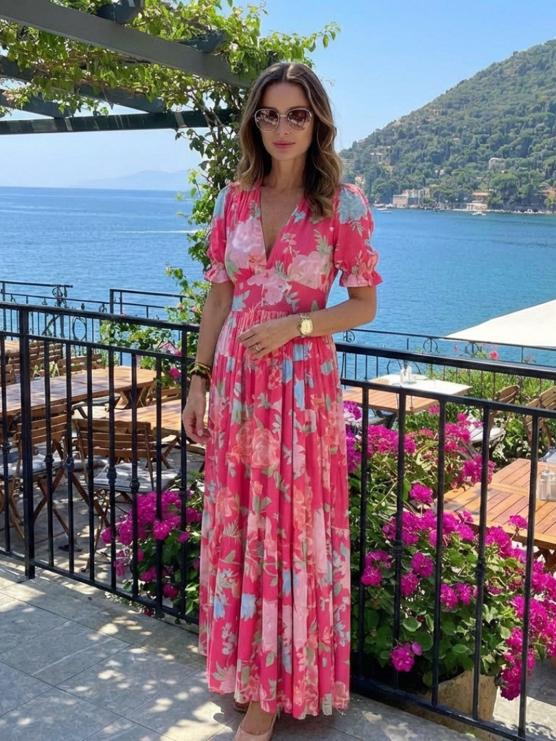 Lorena | Vestido midi floral de manga corta con escote en V