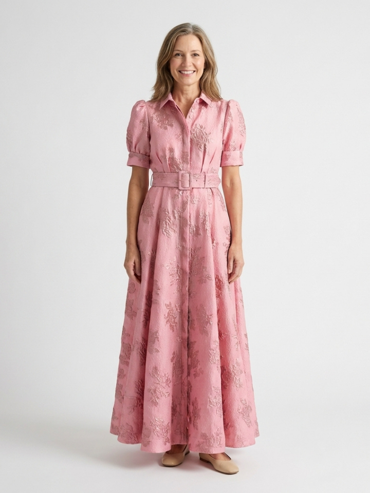 Noelia | Vestido camisero largo de manga corta con cinturón y estampado floral