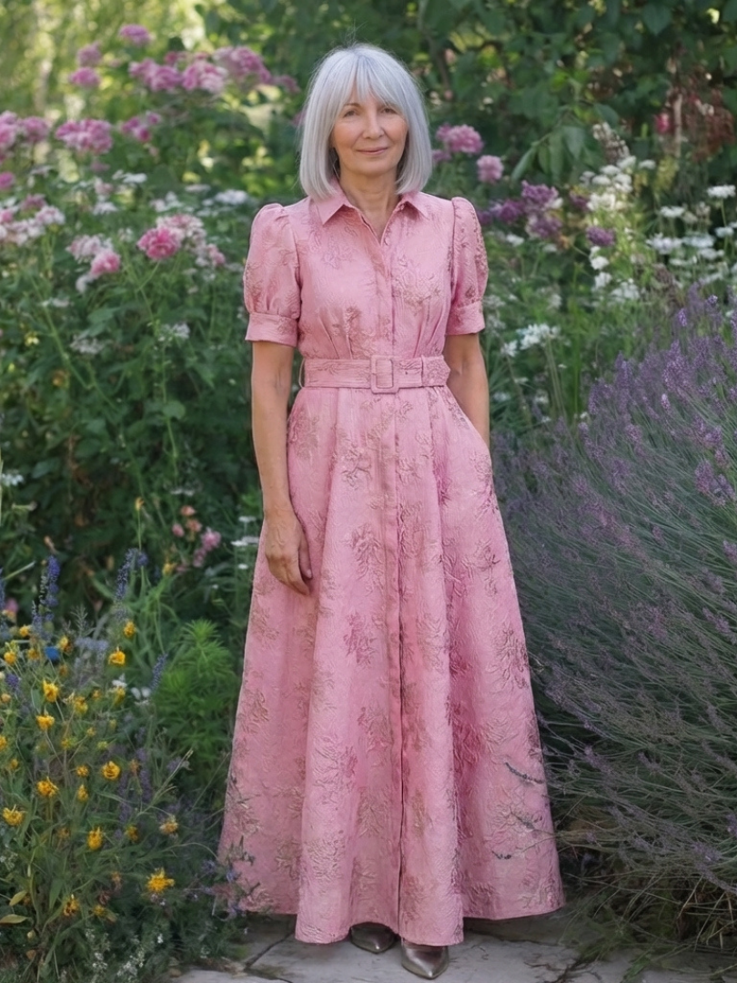Noelia | Vestido camisero largo de manga corta con cinturón y estampado floral