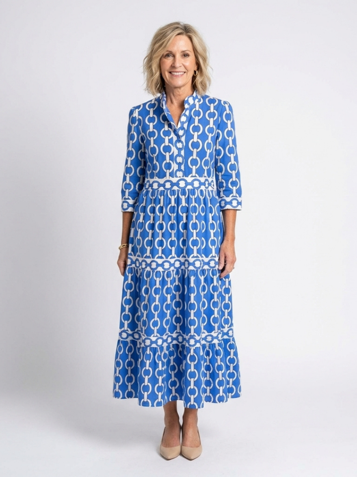 Yolanda | Vestido midi de manga tres cuartos con estampado de cadena
