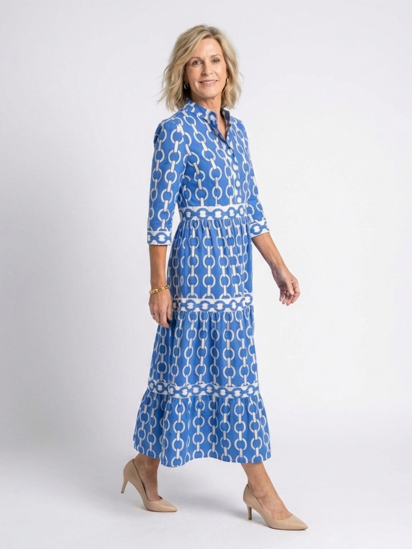 Yolanda | Vestido midi de manga tres cuartos con estampado de cadena