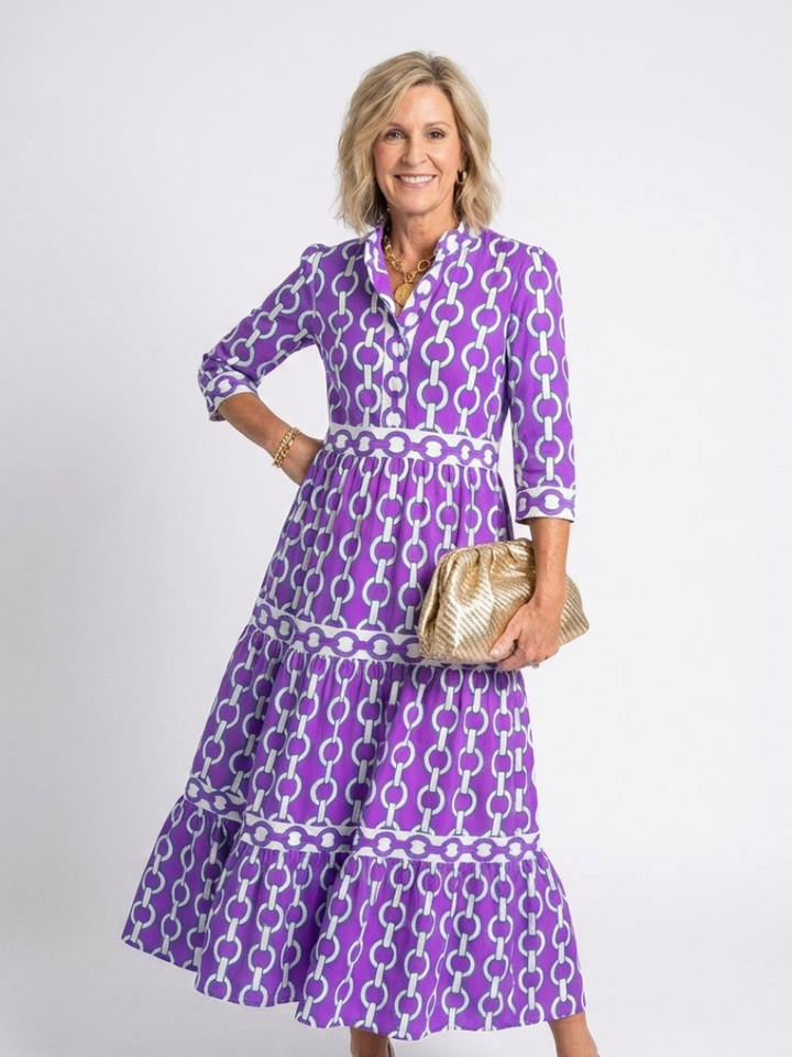 Yolanda | Vestido midi de manga tres cuartos con estampado de cadena