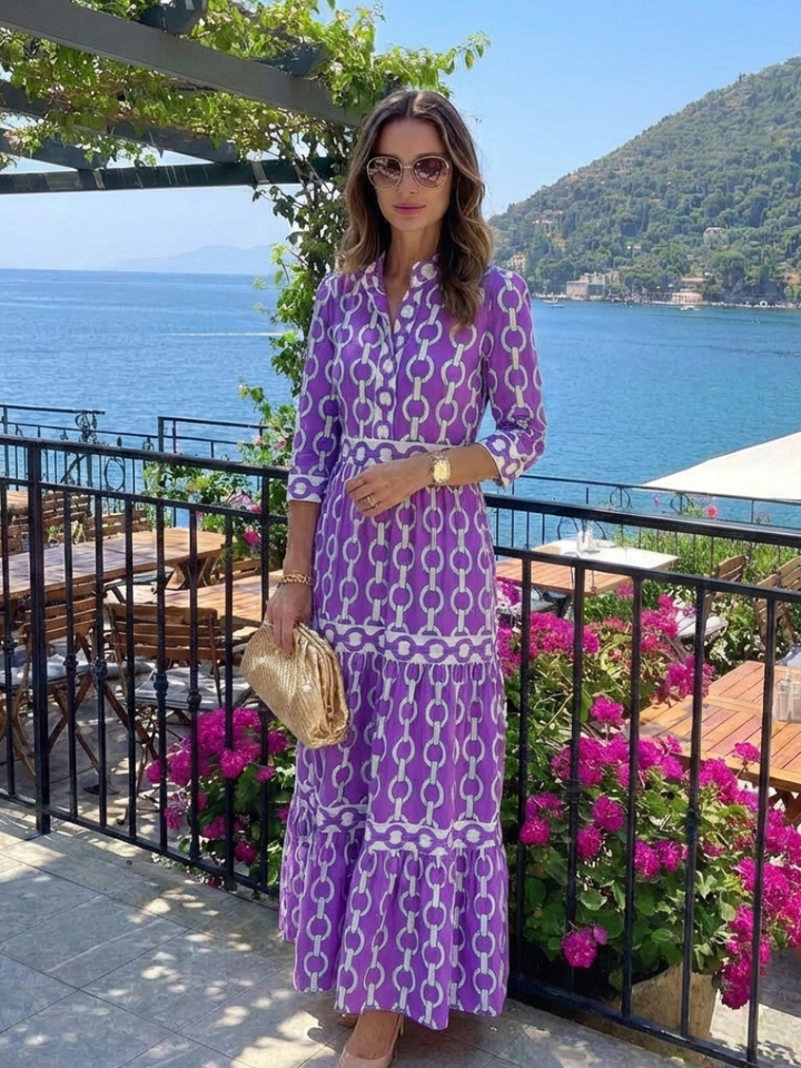 Yolanda | Vestido midi de manga tres cuartos con estampado de cadena