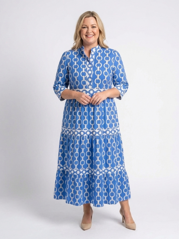 Yolanda | Vestido midi de manga tres cuartos con estampado de cadena