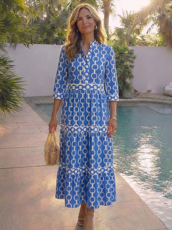 Yolanda | Vestido midi de manga tres cuartos con estampado de cadena