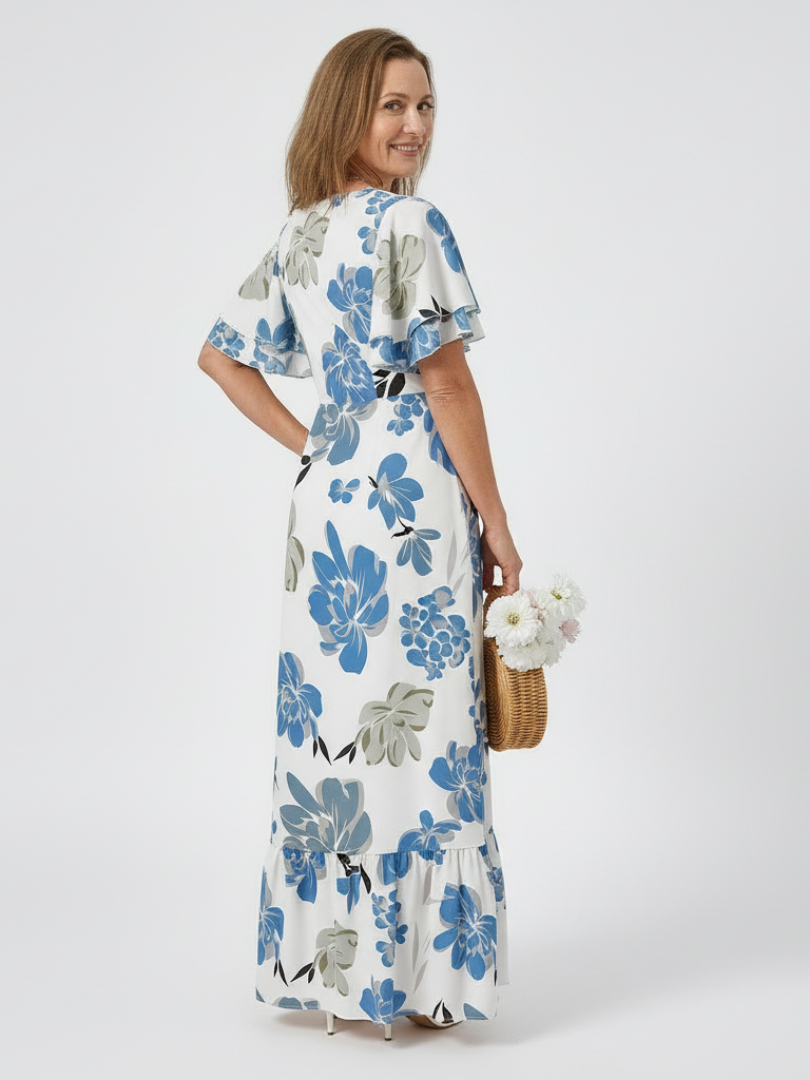 Elena | Vestido largo escalonado de manga corta y cuello redondo