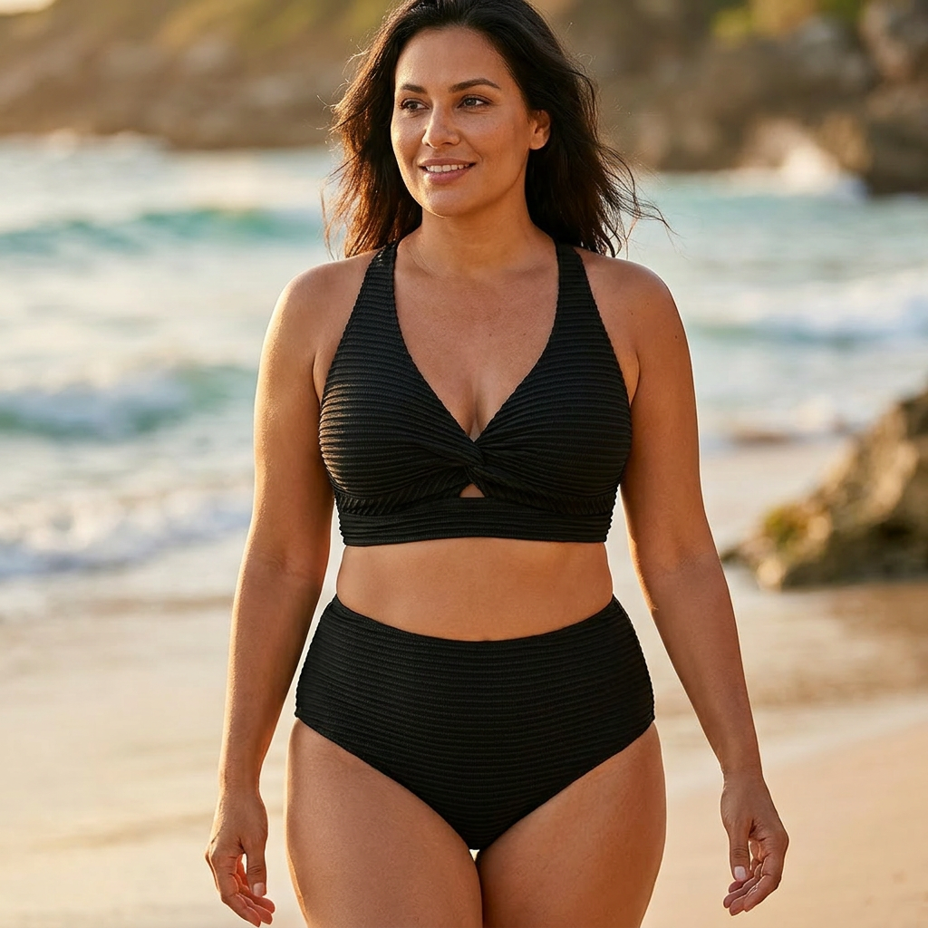 Conjunto de Bikini de Cintura Alta con Frontal Torcido