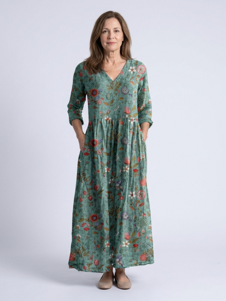 Marina | Vestido largo floral con escote en V y mangas tres cuartos