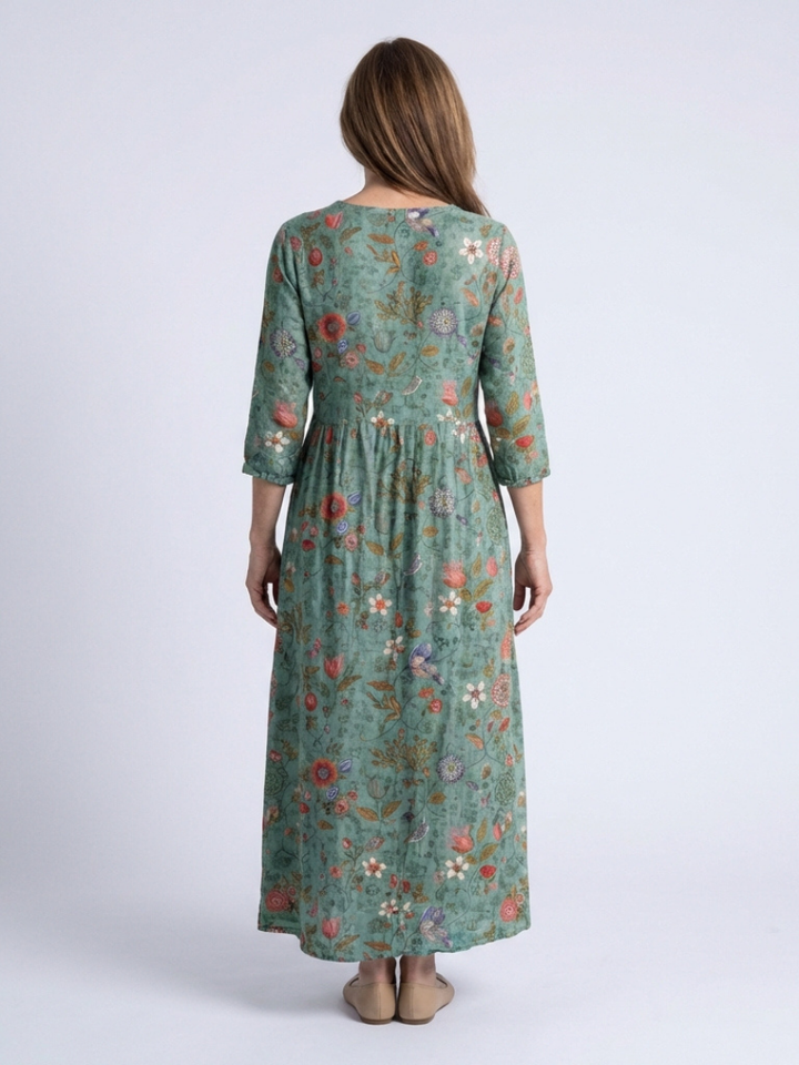 Marina | Vestido largo floral con escote en V y mangas tres cuartos