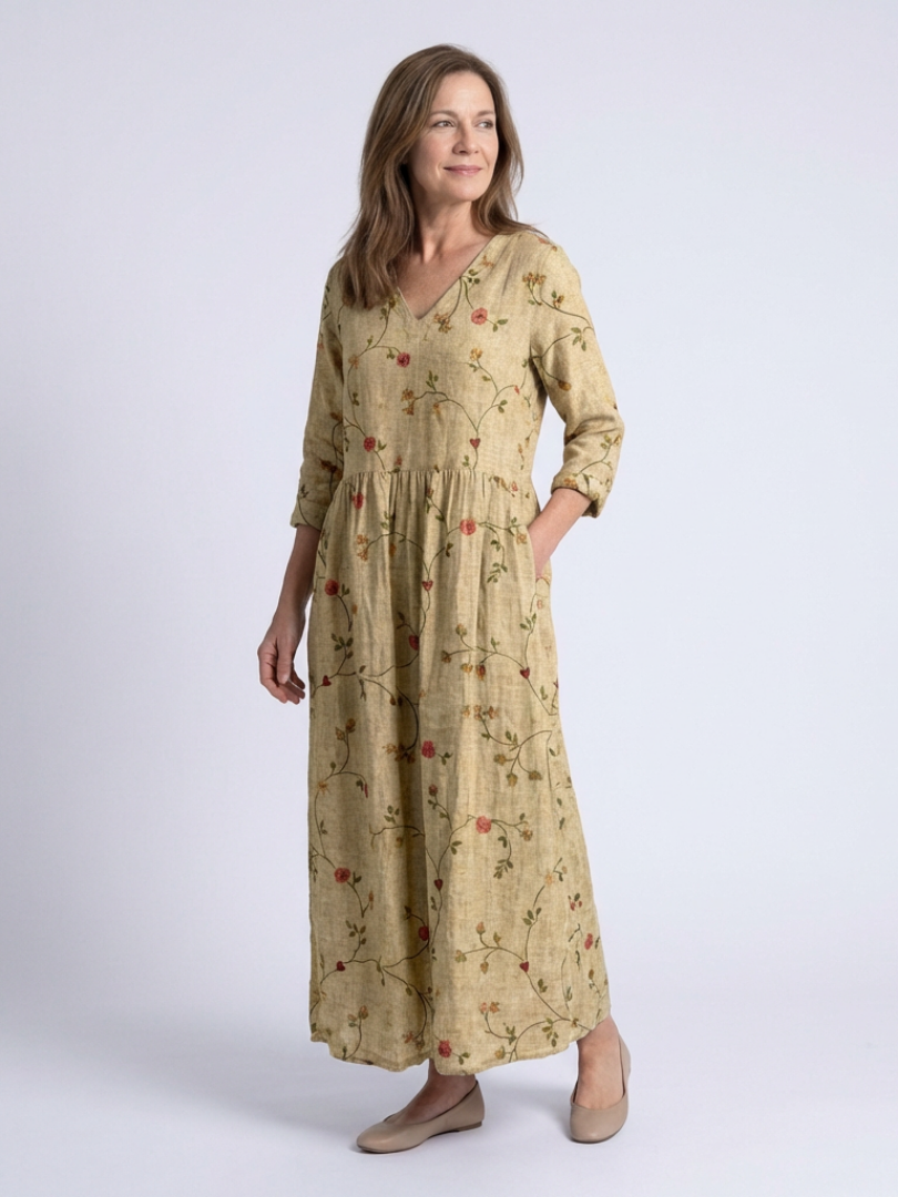 Marina | Vestido largo floral con escote en V y mangas tres cuartos