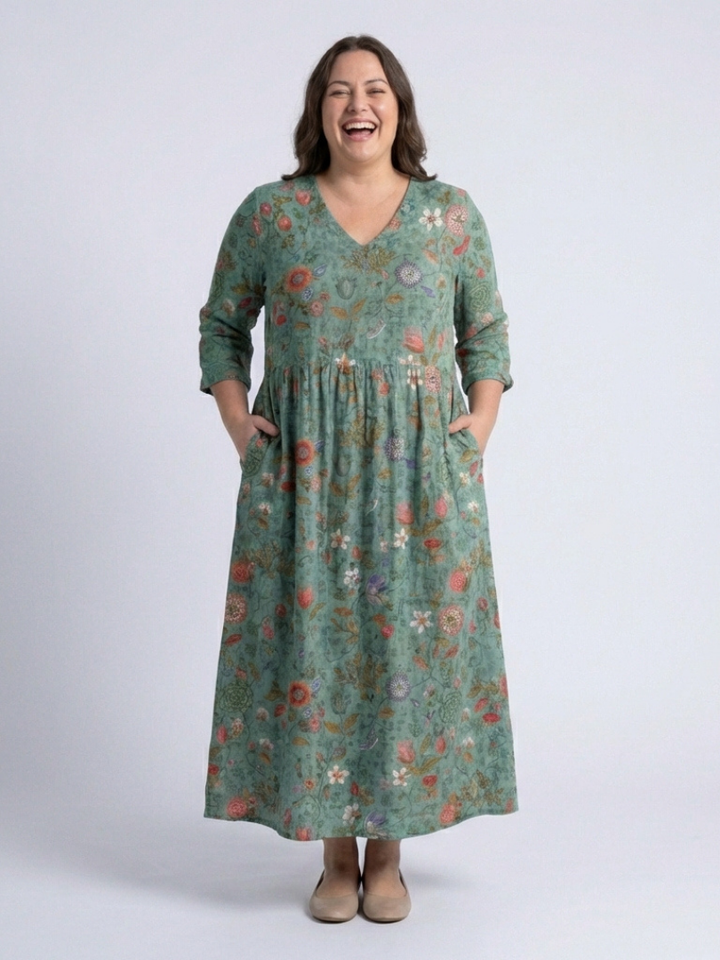 Marina | Vestido largo floral con escote en V y mangas tres cuartos