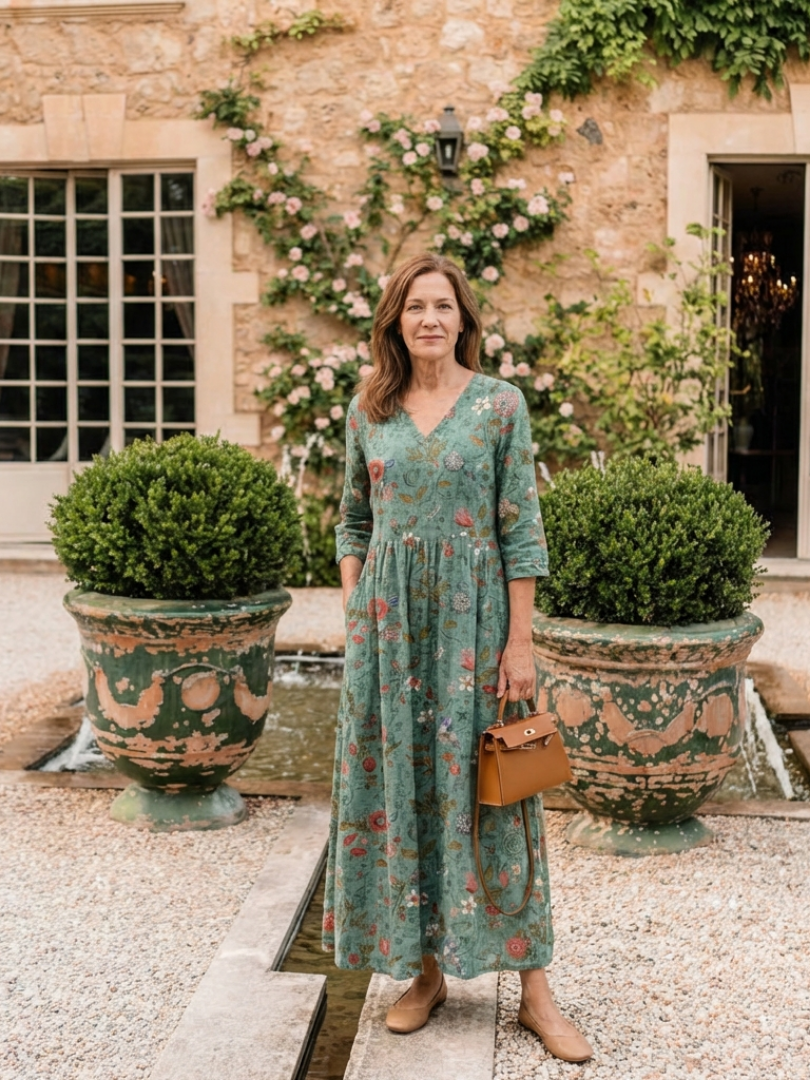 Marina | Vestido largo floral con escote en V y mangas tres cuartos