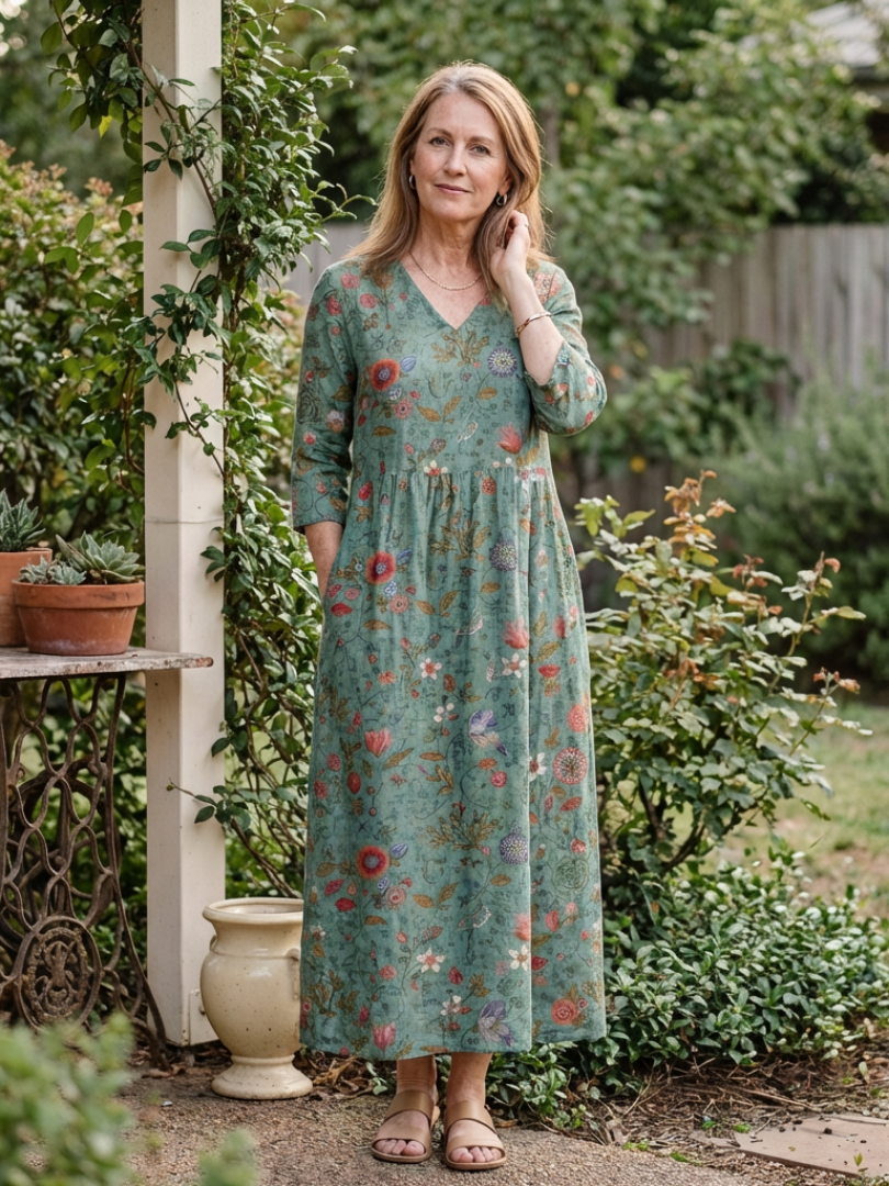 Marina | Vestido largo floral con escote en V y mangas tres cuartos