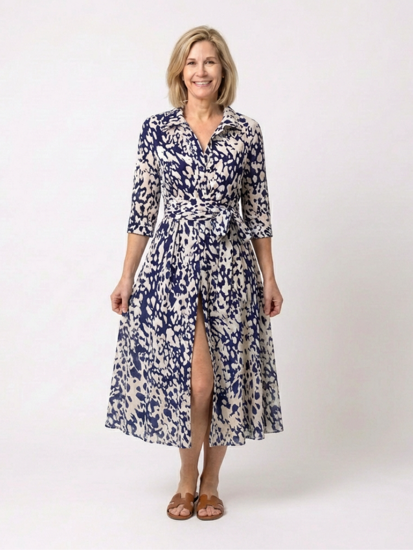 Adriana | Vestido midi de manga larga con cuello y cinturón