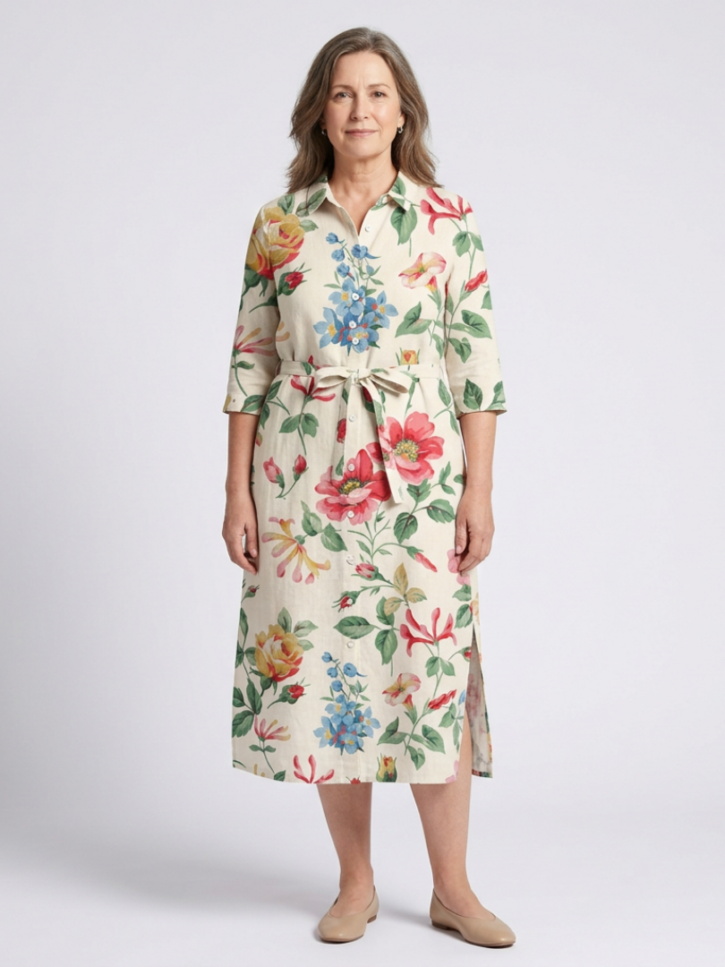 Maribel | Vestido midi floral de manga corta con botones delanteros