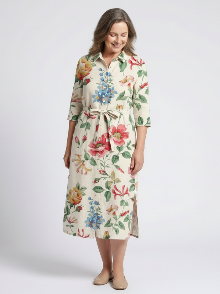 Maribel | Vestido midi floral de manga corta con botones delanteros