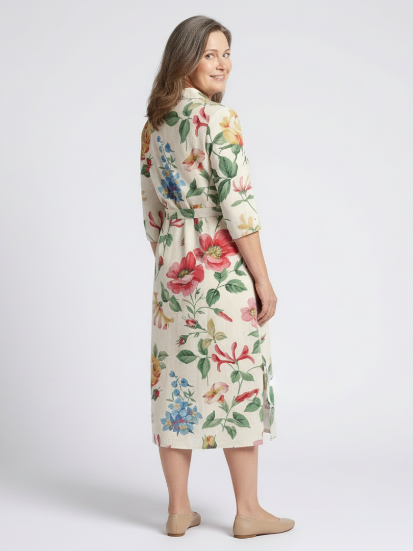 Maribel | Vestido midi floral de manga corta con botones delanteros