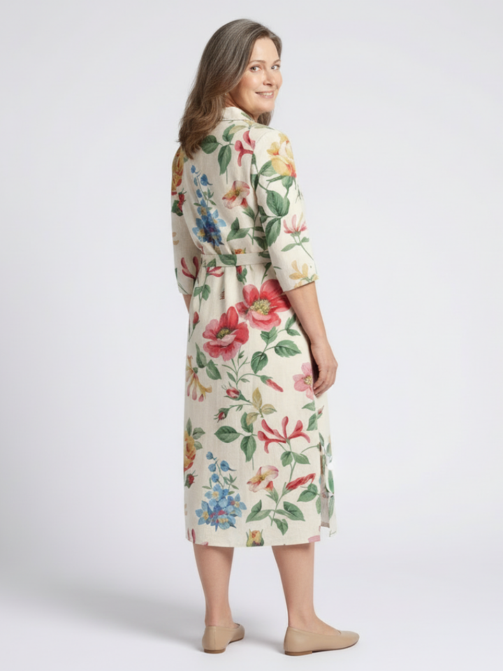 Maribel | Vestido midi floral de manga corta con botones delanteros