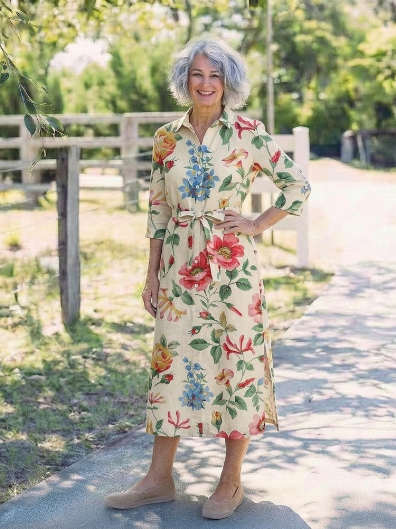 Maribel | Vestido midi floral de manga corta con botones delanteros