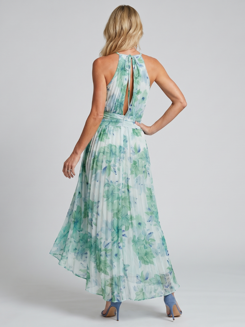 Portia | Vestido Midi de Flores con Pliegues y Cuello Halter