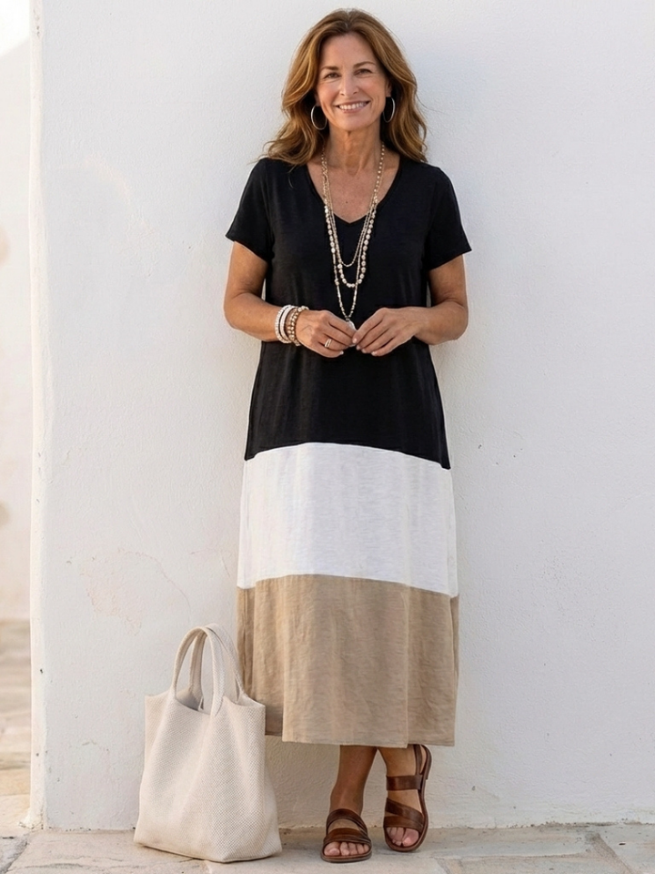 Talía | manga corta bloques de color escote en V vestido midi