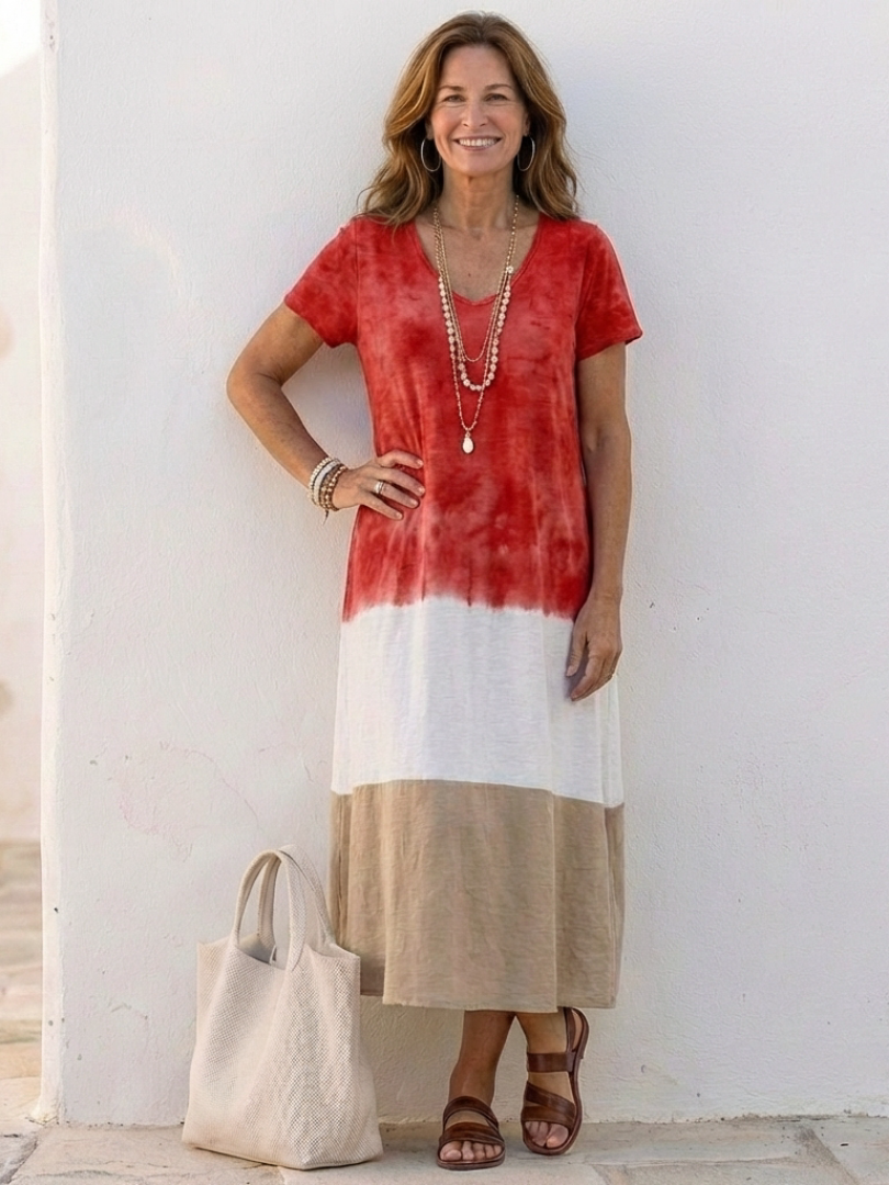 Talía | manga corta bloques de color escote en V vestido midi
