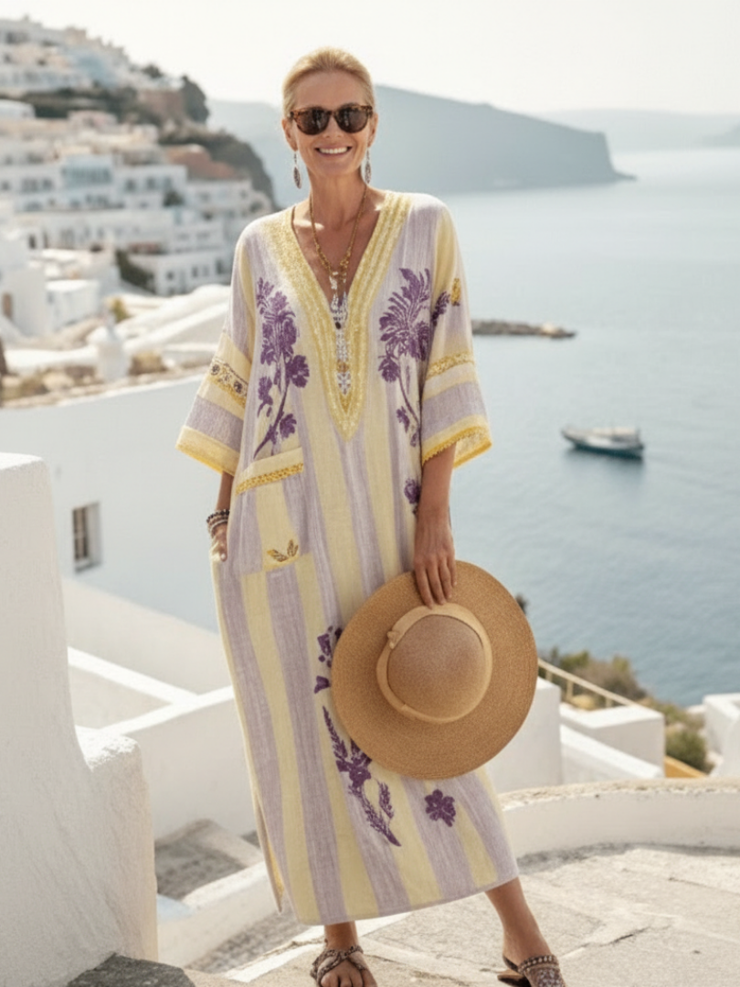 Aurelia | escote en V media manga floral a rayas vestido maxi