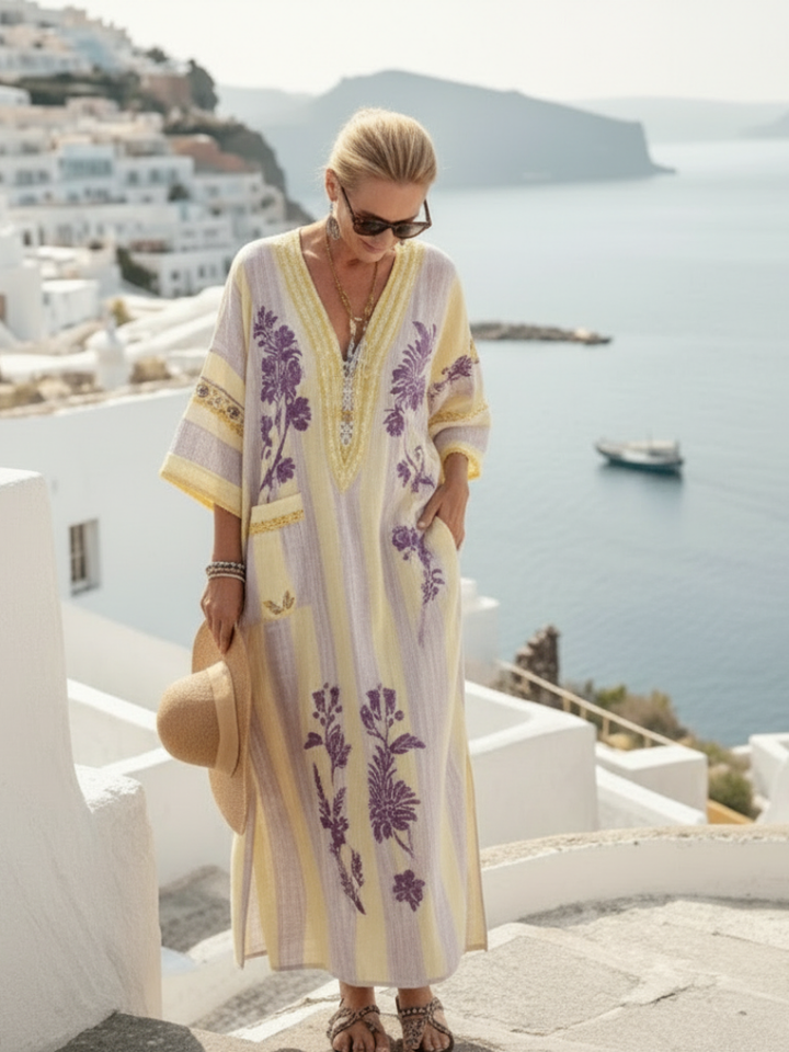 Aurelia | escote en V media manga floral a rayas vestido maxi