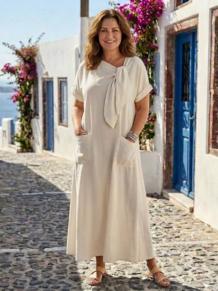 Elena | cuello redondo manga corta con bolsillos vestido maxi