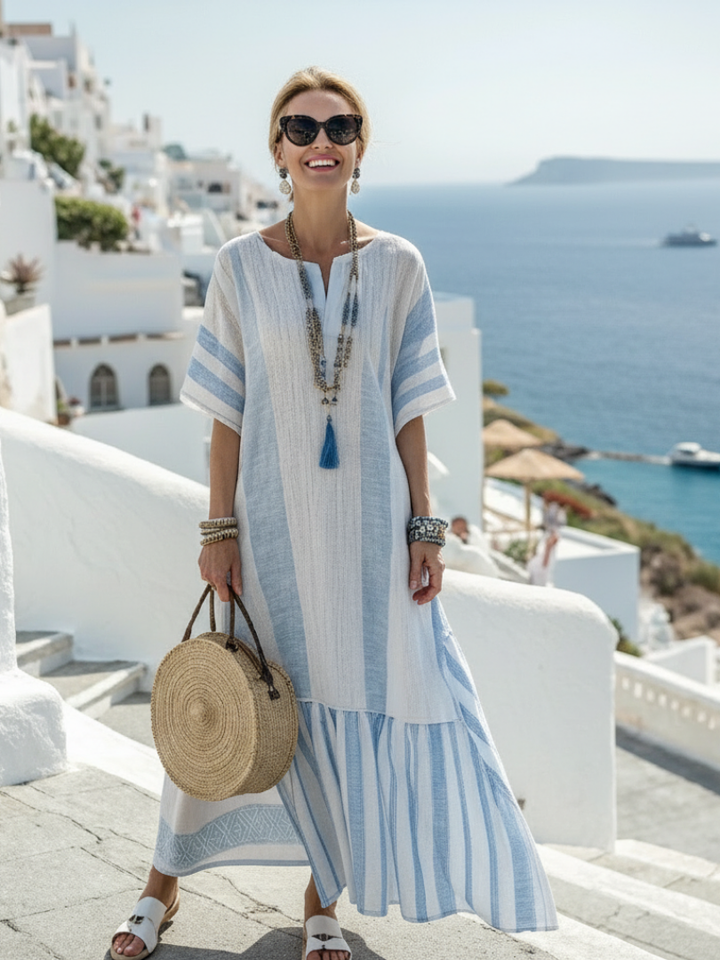 Inés | cuello redondo manga corta a rayas vestido maxi