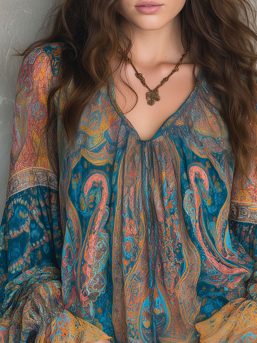 Sara™ | Blusa Paisley Verde Azulado y Ámbar