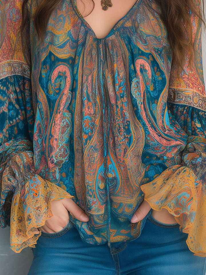 Sara™ | Blusa Paisley Verde Azulado y Ámbar