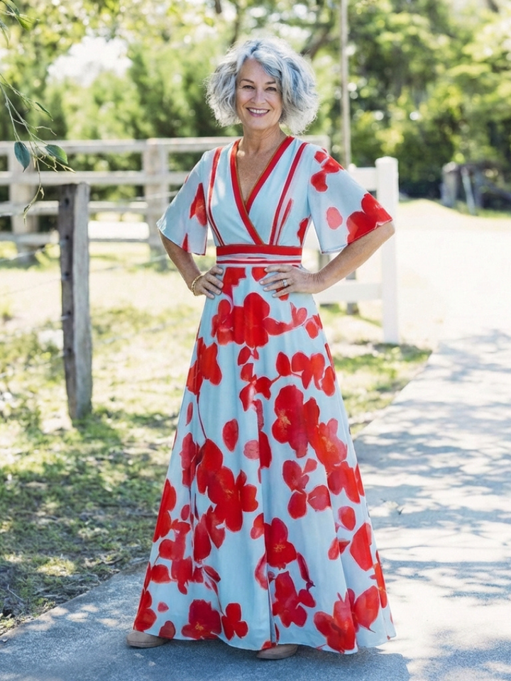 Laura | Vestido largo floral de manga corta con escote en V