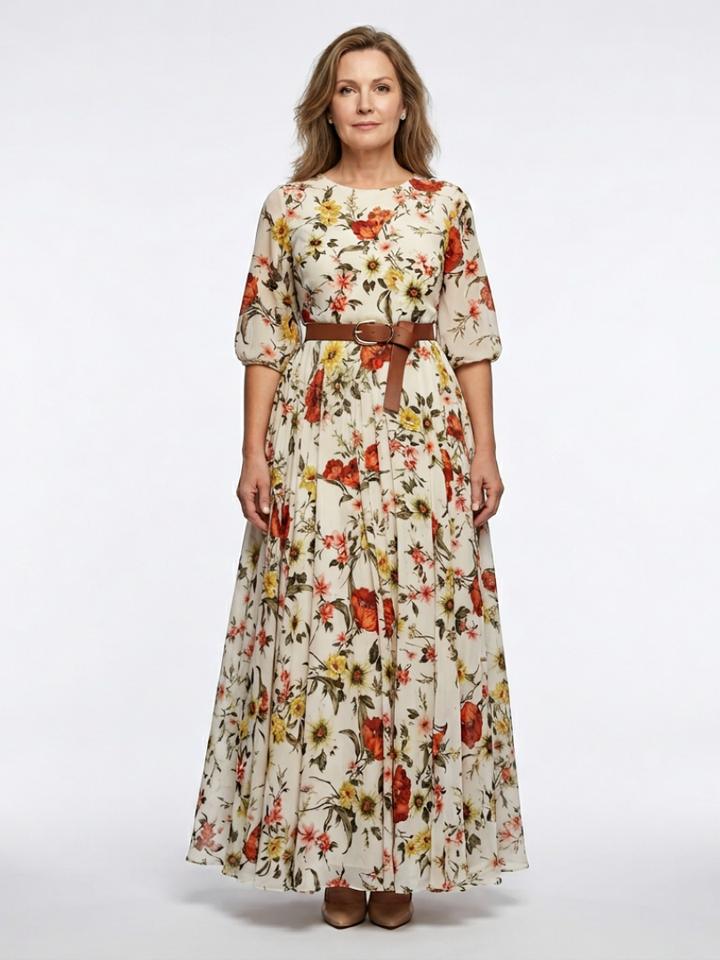 Lucía | Vestido largo con cuello redondo, manga tres cuartos y cinturón