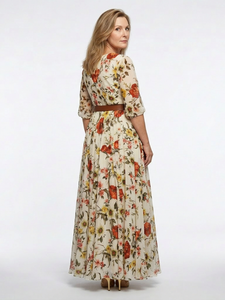Lucía | Vestido largo con cuello redondo, manga tres cuartos y cinturón