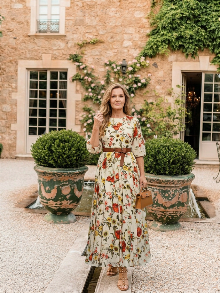 Lucía | Vestido largo con cuello redondo, manga tres cuartos y cinturón
