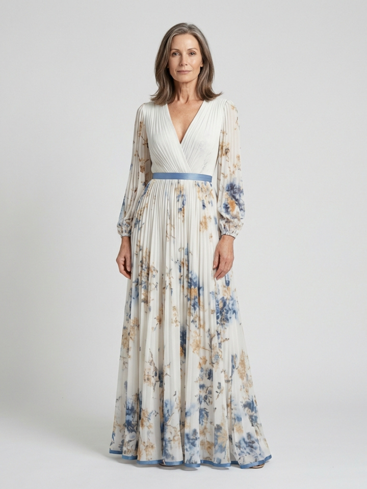 Davinia | Vestido largo floral de manga larga con escote en V