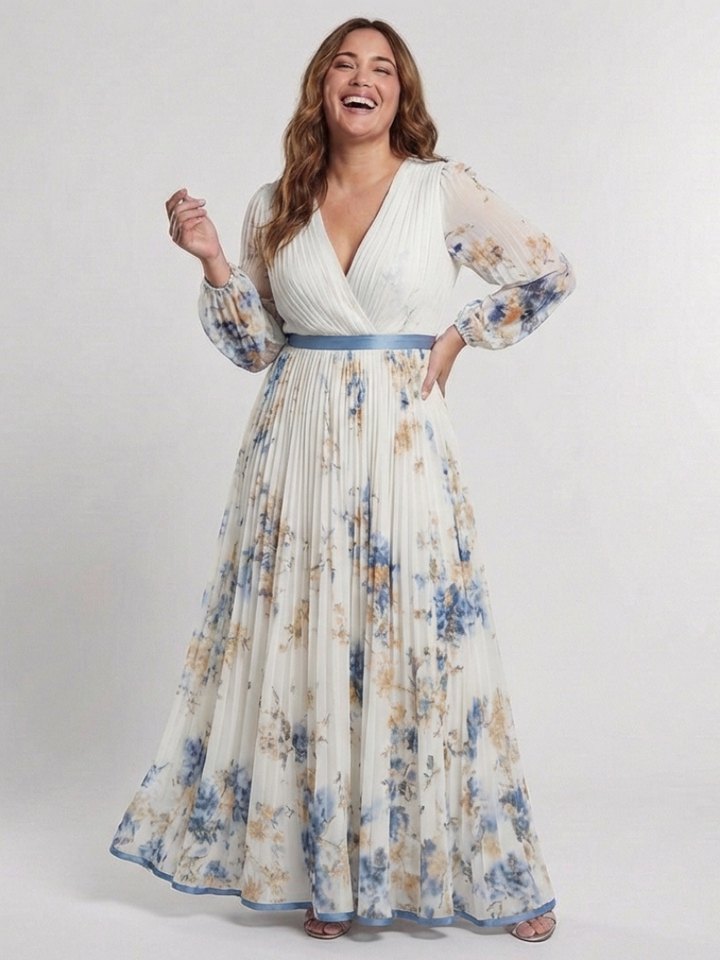 Davinia | Vestido largo floral de manga larga con escote en V