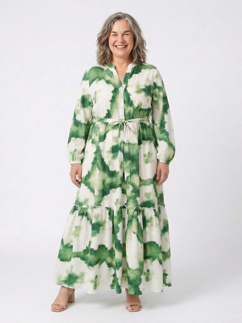 Sabrina | Vestido largo escalonado con cinturón y manga larga