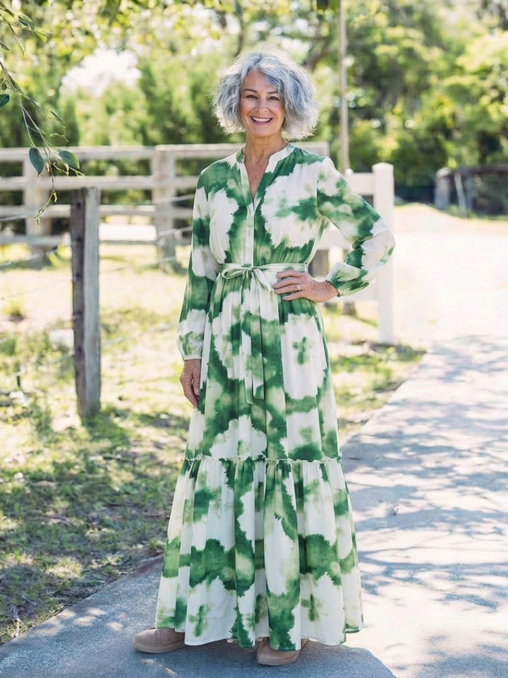 Sabrina | Vestido largo escalonado con cinturón y manga larga