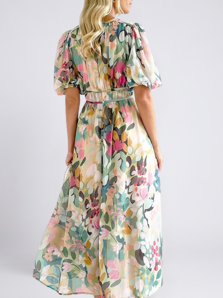 Eloisa | Vestido midi de manga corta con escote en V y cintura fruncida