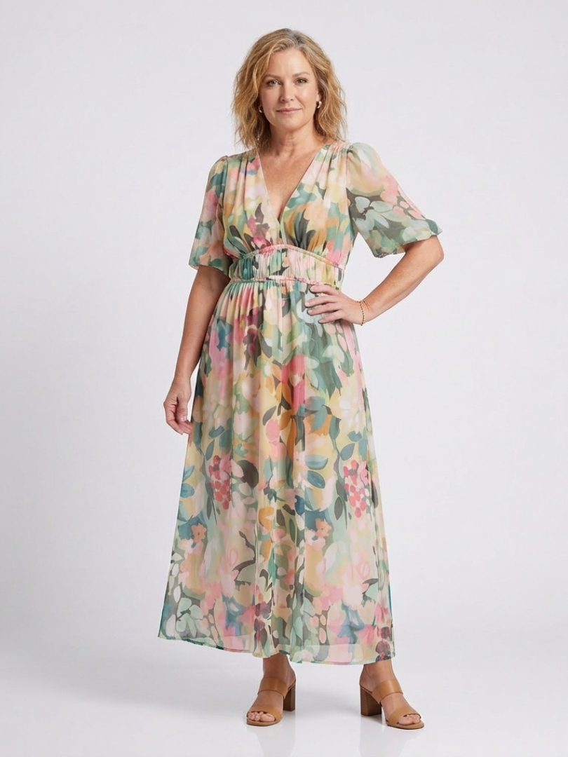 Eloisa | Vestido midi de manga corta con escote en V y cintura fruncida