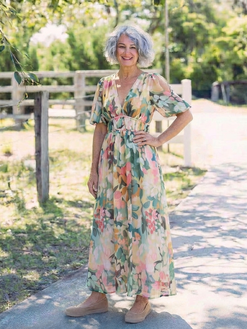 Eloisa | Vestido midi de manga corta con escote en V y cintura fruncida