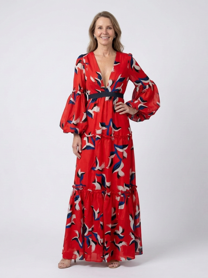 Marta | Vestido largo de manga larga con escote en V y cinturón