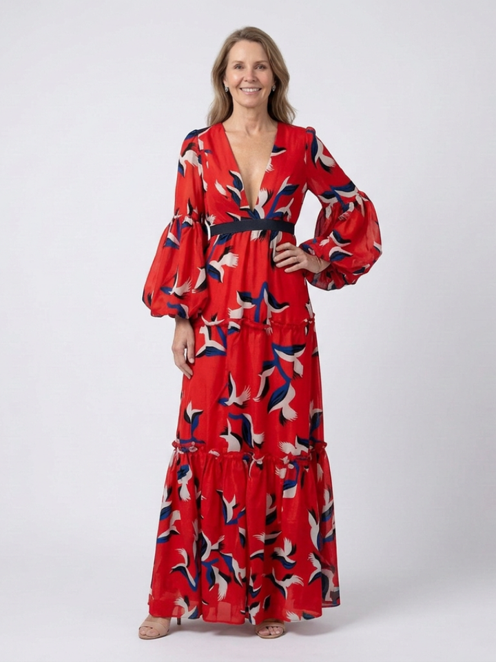 Marta | Vestido largo de manga larga con escote en V y cinturón