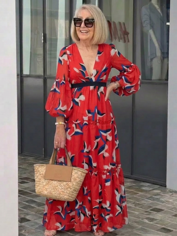 Marta | Vestido largo de manga larga con escote en V y cinturón